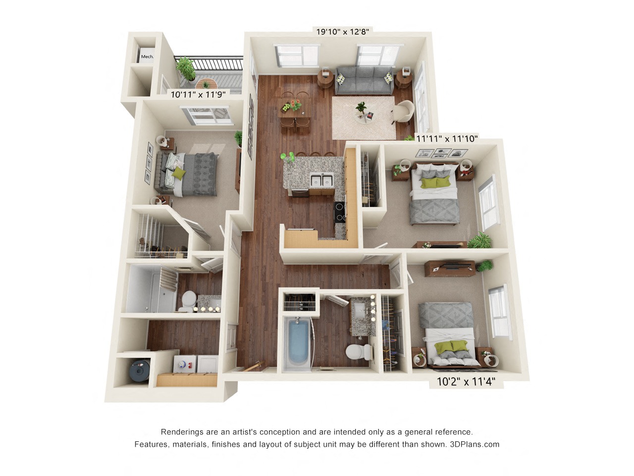 Floor plan for 3 beds, 2 baths, 1212 sqft
